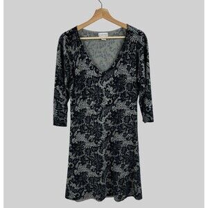 Soft Surroundings Lace Floral Sweater Dress sz L Black Gray Knit 3/4 Sleeve